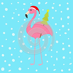 Pink flamingo with wing holding christmas fir tree. Santa Claus hat. Exotic tropical bird. Zoo animal collection. Cute cartoon cha