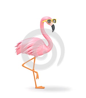 Pink flamingo in yellow sunglasses  isolated on white. Clipping path included