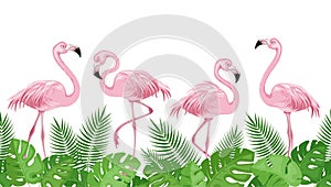 Pink flamingos on background of green palm leaves. Vector illustration