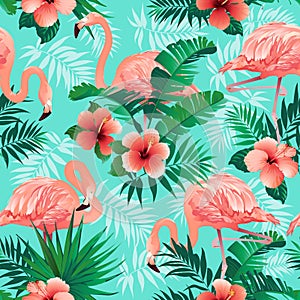 Pink flamingos, exotic birds, tropical palm leaves, trees, jungle leaves seamless vector floral pattern background.