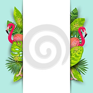 Pink flamingos, exotic tropical leaves and paper sheet vector illustration