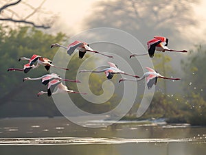 Pink flamingos fly low above the surface of the lake water