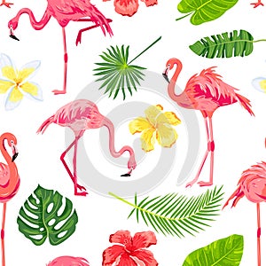 Pink flamingos, jungle leaves and tropical flowers seamless pattern