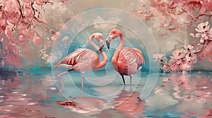 Pink flamingos in lake rococo arft