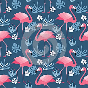 Pink Flamingos and Leaves Pattern