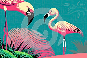 Pink flamingos painting on the moonlight in tropical night. Summer night scene. Creative Caribbean concept. Minimal art