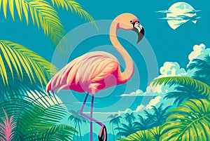 Pink flamingos painting on the moonlight in tropical night. Summer night scene. Creative Caribbean concept. Minimal art