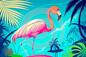 Pink flamingos painting on the moonlight in tropical night. Summer night scene. Creative Caribbean concept. Minimal art