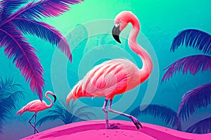 Pink flamingos painting on the moonlight in tropical night. Summer night scene. Creative Caribbean concept. Minimal art