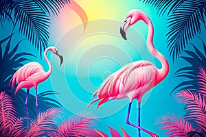 Pink flamingos painting on the moonlight in tropical night. Summer night scene. Creative Caribbean concept. Minimal art