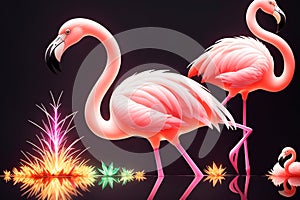 Pink flamingos painting on the moonlight in tropical night. Summer night scene. Creative Caribbean concept. Minimal art
