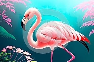 Pink flamingos painting on the moonlight in tropical night. Summer night scene. Creative Caribbean concept. Minimal art
