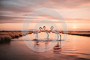 Pink flamingos in river at brilliant sunset