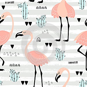 Pink flamingos seamless pattern