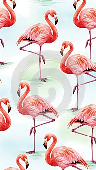 Pink Flamingos Standing in Shallow Water