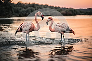 Pink flamingos standing in the water at sunset