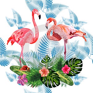 Pink flamingos, tropical flowers and jungle leaves, hibiscus, pink lotus