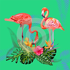 Pink flamingos, tropical flowers and jungle leaves, hibiscus, pink lotus