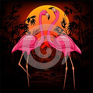 Pink Flamingos on Warm Tropical Sunset Vector Illustration