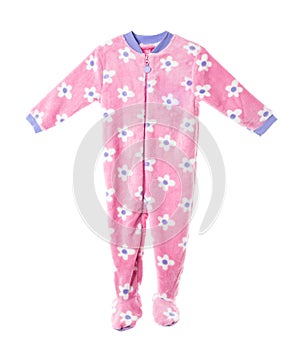 Pink fleece pajamas with floral pattern.