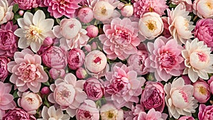 Pink floral background with peony and dahlia flowers.