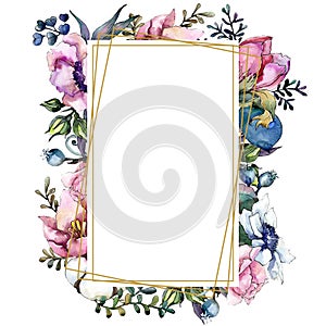 Pink floral botanical flower bouquet. Watercolor background illustration set. Frame border ornament square.