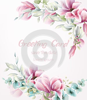 Pink floral bouquet Vector watercolor. Blue leaves delicate decoration. Provence rustic boho poster. Wedding, birthday