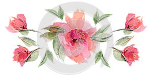 Pink floral chaplet composition with delicate rose flowers and leaves