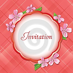 Pink floral invitational card with frame - vector