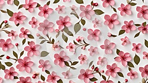 Pink floral pattern of apple tree blossoms and leaves on a white background