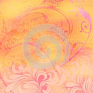 Pink floral pattern border vintage grunge wall texture abstract orange background