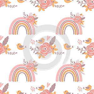 Pink floral rainbow pattern Pink romantic baby girl rainbow. Floral girly background Cute graphic paper Lovely wallpaper