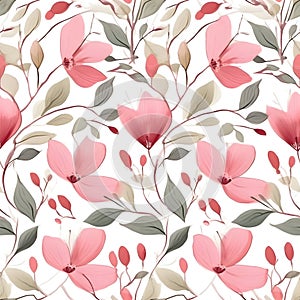 Pink floral seamless pattern of blooming flowers. AI illustration. Design for fabric luxurious and wallpaper, vintage