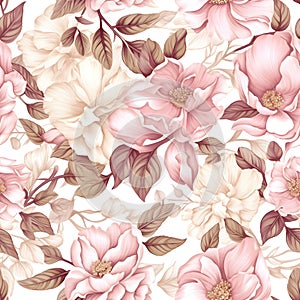 Pink floral seamless pattern of blooming flowers. AI illustration. Design for fabric luxurious and wallpaper, vintage