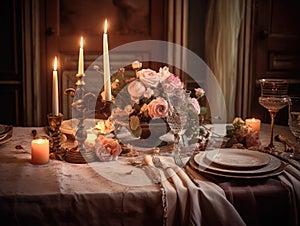 Pink floral table setting for a romantic dinner table with table cloth, candles and silverware. Generative AI