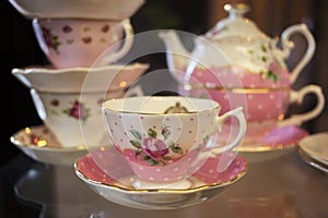 Pink Floral Tea Set on Glass