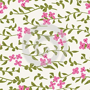 Pink floral tendril seamless vector pattern background with gren foliage for fabric, wallpaper, stationery, scrapbooking