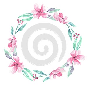 Pink Floral Watercolor Aqua Green Wreath Frame Arch Flowers Border Blooms