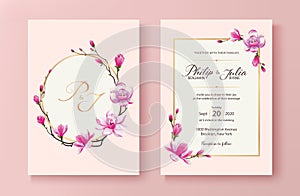 Pink floral wedding invitation card. Vector. Magnolia flower.
