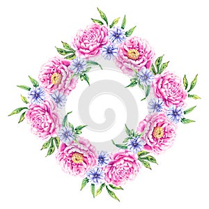 Pink floral wreath with blue flowers of the medicinal plant chicory