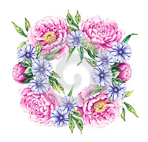 Pink floral wreath with blue flowers of the medicinal plant chicory