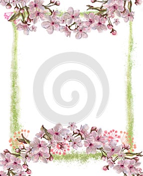 Pink Floral Wreath Decorating Green Splatter Frame.