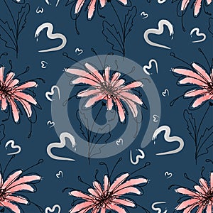 Pink flower with abstract hearts on a dark blue background