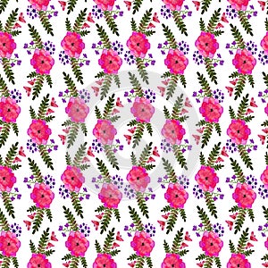 Pink flower bindweed. Repeating floral pattern. Watercolor endless forest garden print. Vintage leaves art. Beautiful