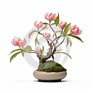 Pink Flower Bonsai Tree: Meticulous Photorealistic Still Life With Graceful Curves