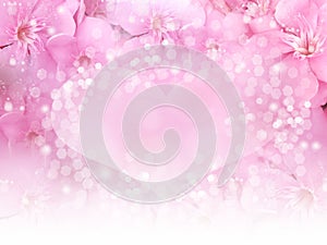 Pink flower border and heart bokeh background for wedding card or valentine concept