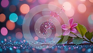 Pink flower with Colorful bokeh lights with sparkling glitter background, Pink flower for valentine's day, wedding