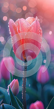 A pink flower with dew drops on it is the main focus of the image