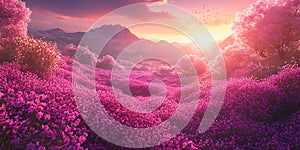 Pink Flower Field Sunset Landscape Nature Background Image