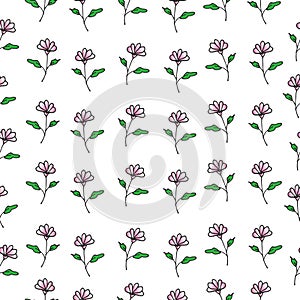 Pink flower with green leaf illustration on white background. seamless pattern, hand drawn vector. beautiful floral pattern. vinta